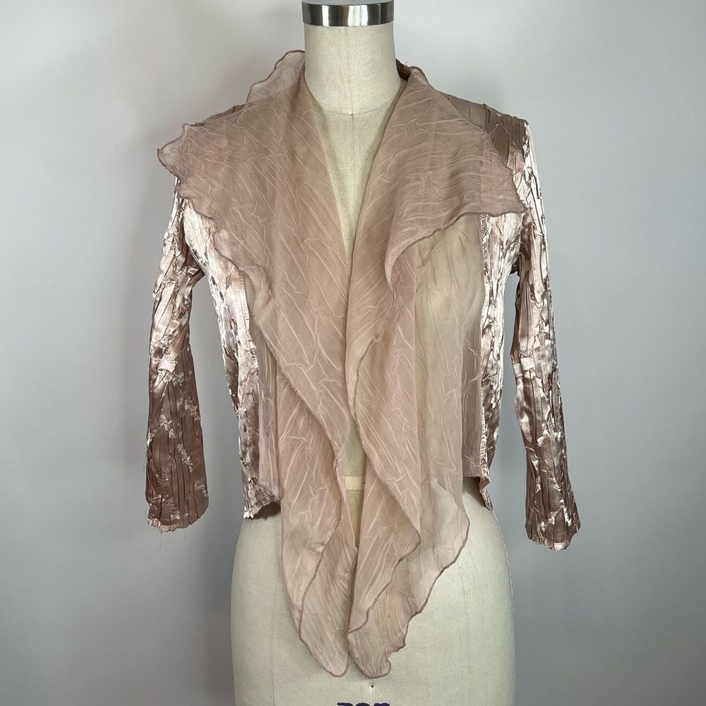 KOMAROV Vintage rose gold crinkled pleated boho evening wedding cardigan bolero